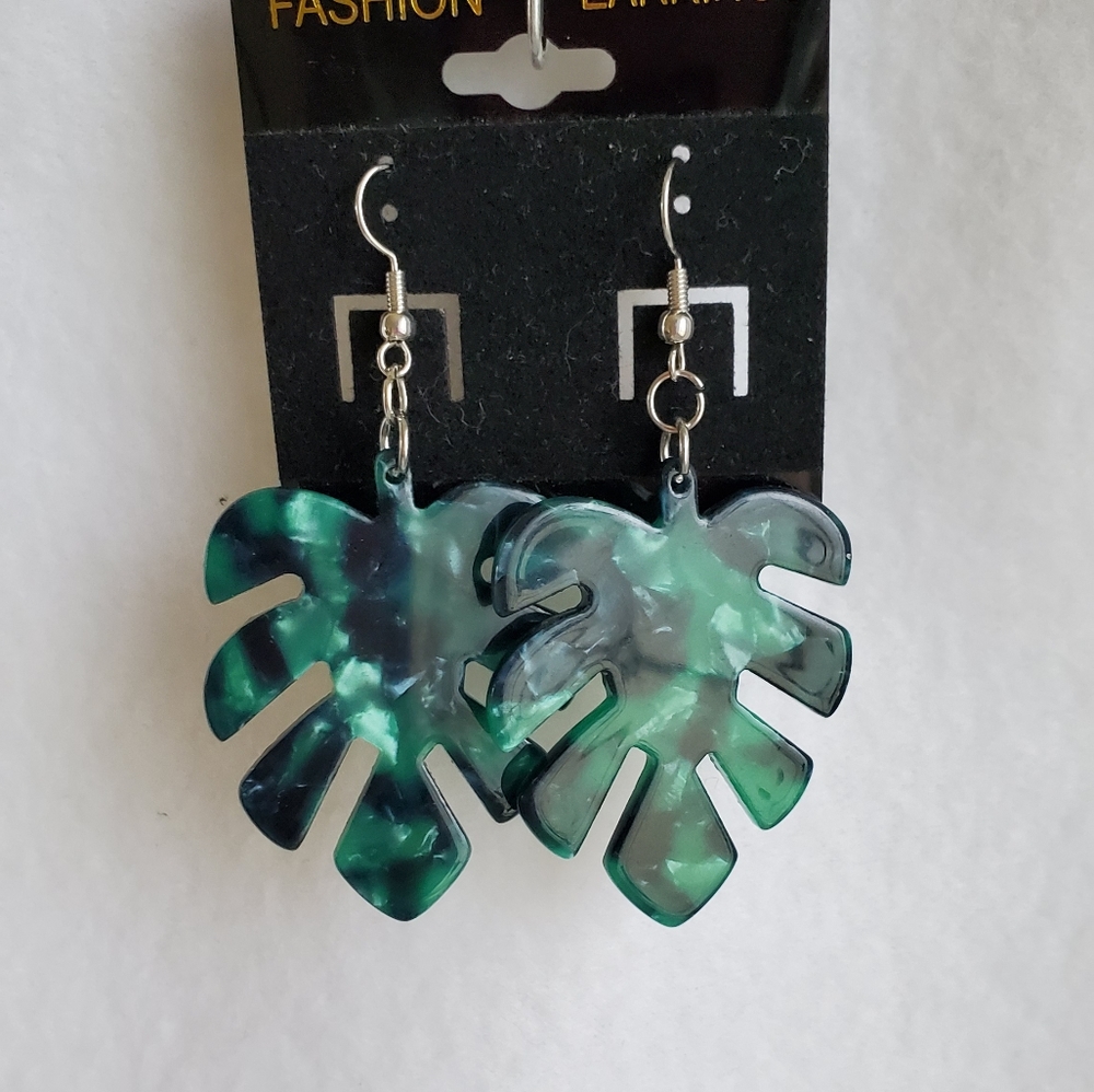 Womens green & navy acrylic leaf hook earrings